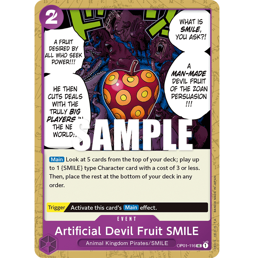 ONE PIECE CARD GAME OP01-116 UC ARTIFICIAL DEVIL FRUIT SMILE "ROMANCE DAWN INGLÉS"