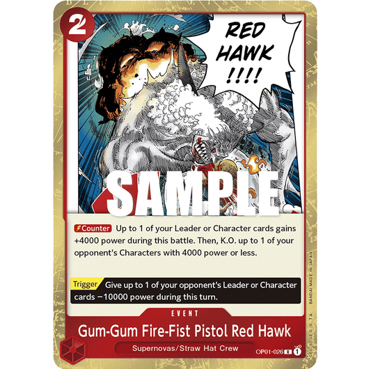 ONE PIECE CARD GAME OP01-026 R GUM-GUM FIRE-FIST PISTOL RED HAWK "ROMANCE DAWN INGLÉS"